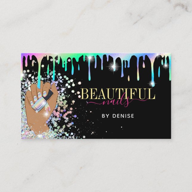 holographic nail salon woman hand nails technician business card (Front)