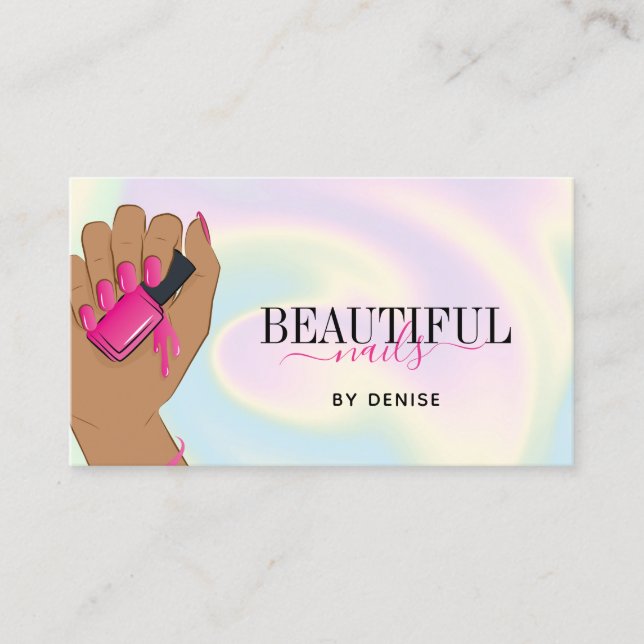 holographic nail salon woman hand nails technician business card (Front)