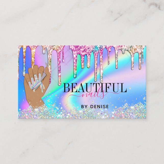 holographic nail salon woman hand nails technician business card (Front)