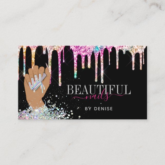 holographic nail salon woman hand nails technician business card (Front)