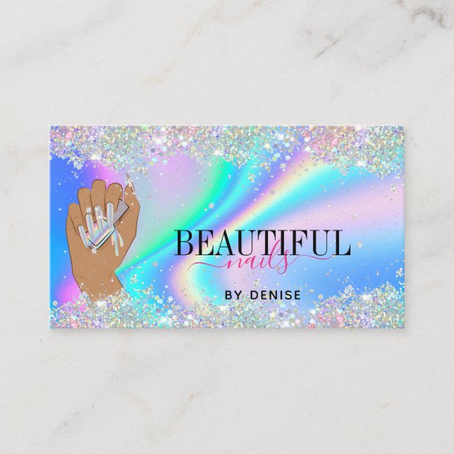 holographic nail salon woman hand nails technician business card (Front)