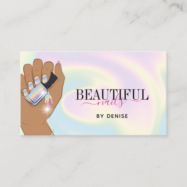 holographic nail salon woman hand nails technician business card (Front)