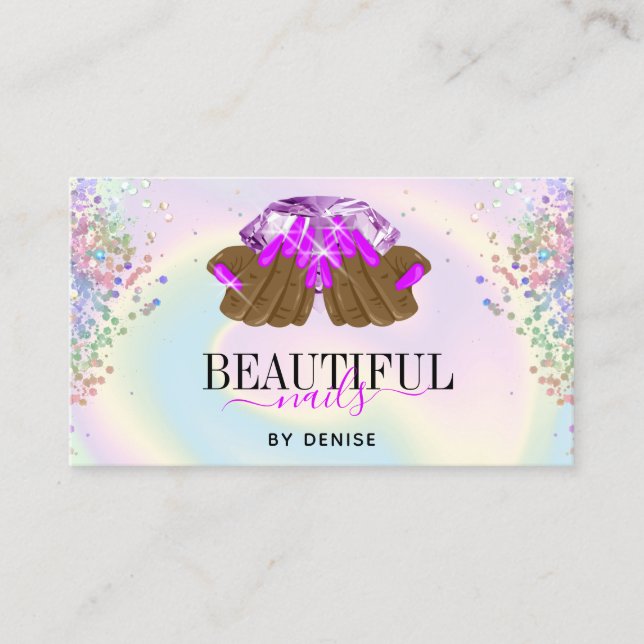 holographic nail salon woman hand nails technician business card (Front)