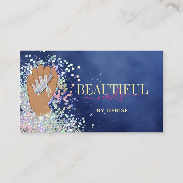 holographic nail salon woman hand nails technician business card (Front)
