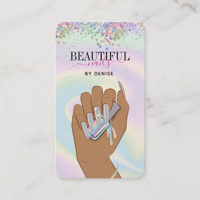 holographic nail salon woman hand nails technician business card (Front)