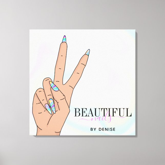holographic nail salon woman hand nails technician canvas print (Front)
