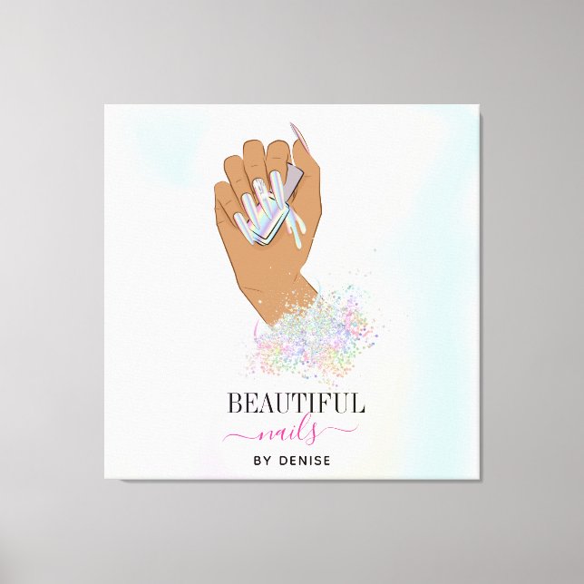holographic nail salon woman hand nails technician canvas print (Front)