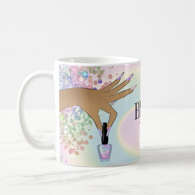holographic nail salon woman hand nails technician coffee mug (Left)