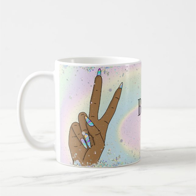holographic nail salon woman hand nails technician coffee mug (Left)