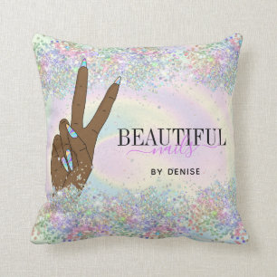 holographic nail salon woman hand nails technician cushion