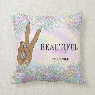 holographic nail salon woman hand nails technician cushion