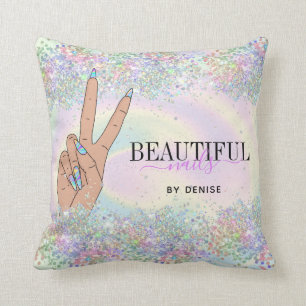 holographic nail salon woman hand nails technician cushion