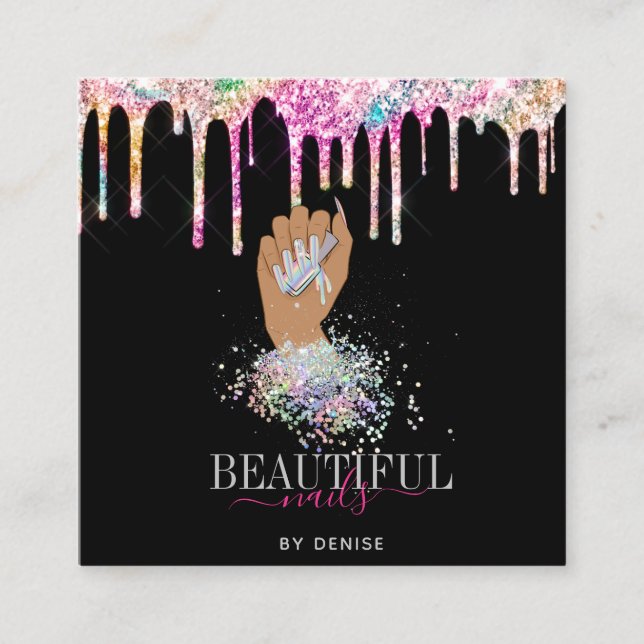 holographic nail salon woman hand nails technician square business card (Front)