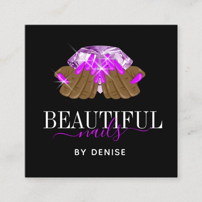 holographic nail salon woman hand nails technician square business card (Front)