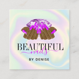 holographic nail salon woman hand nails technician square business card