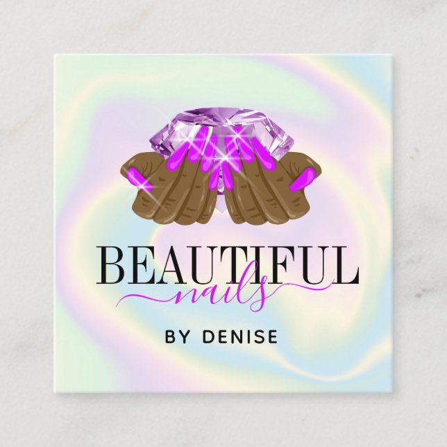 holographic nail salon woman hand nails technician square business card (Front)