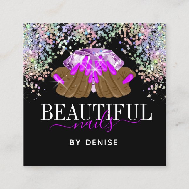 holographic nail salon woman hand nails technician square business card (Front)