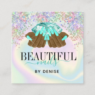 holographic nail salon woman hand nails technician square business card