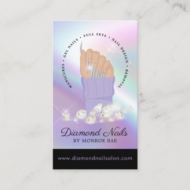 Holographic Nail Tech Nail Salon Trendy Hand Logo  Business Card (Front)