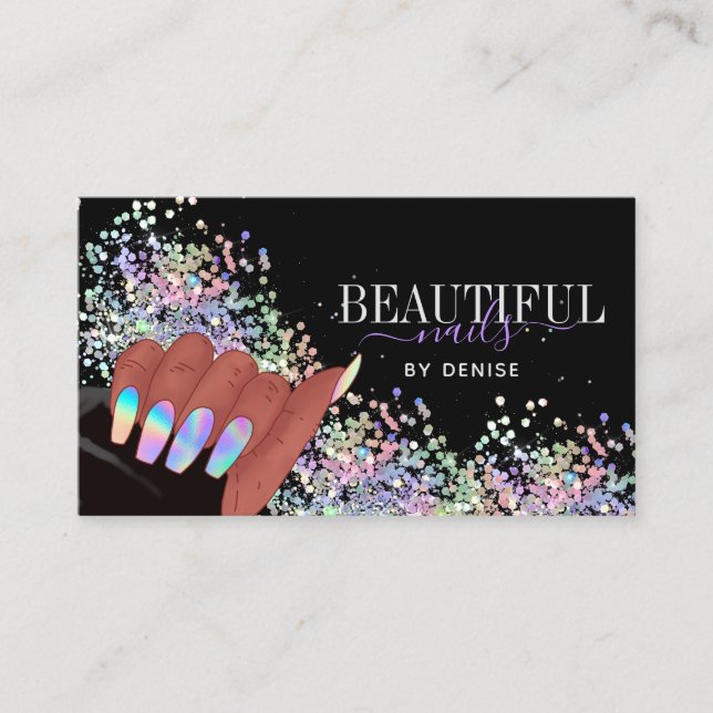 holographic nails salon afroamerican hand  busines business card (Front)