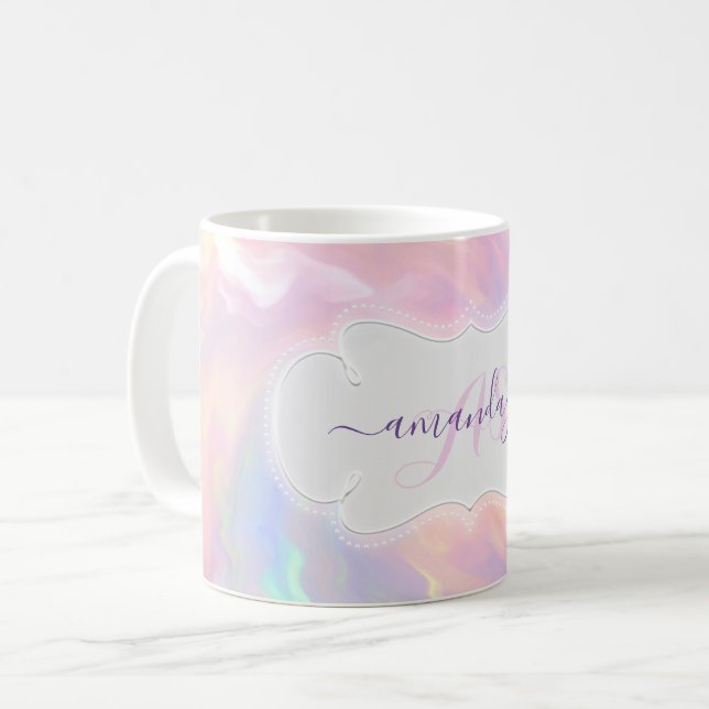 Holographic Name Monogram Girly  Pink Quinceañera Coffee Mug (Front Left)