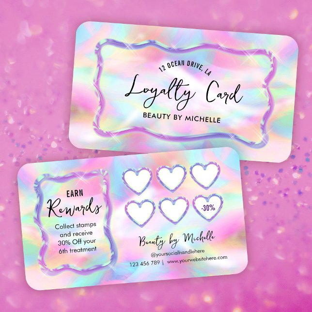 Holographic Neon Colours Girly Makeup Nails Salon Loyalty Card (Neon effect business loyalty cards featuring trendy fonts and holographic style background)