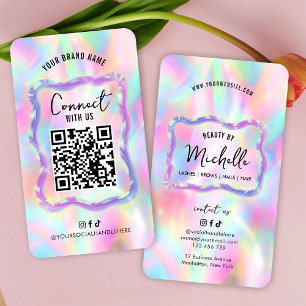 Holographic Neon Opal Girly Social Media QR Code Business Card