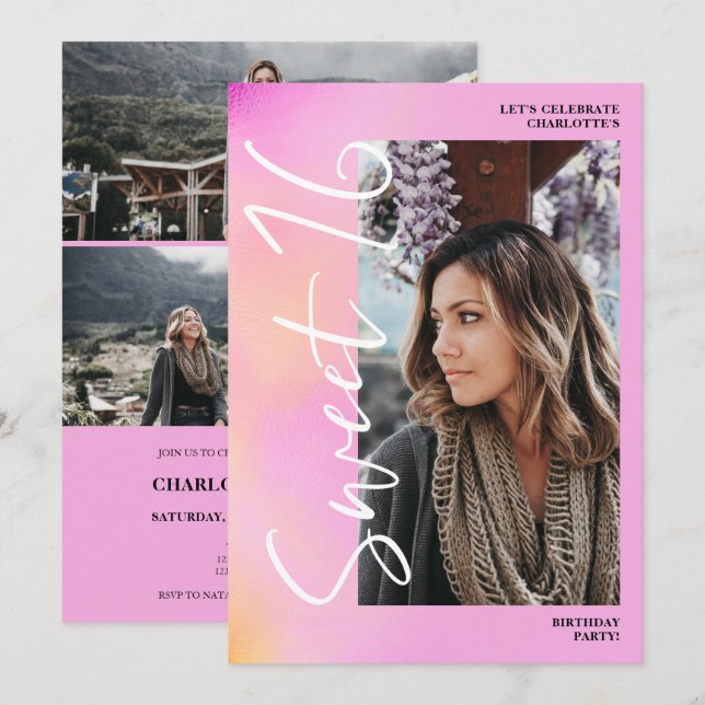 Holographic ombre script pink 4 photo Sweet 16 Invitation (Front/Back)