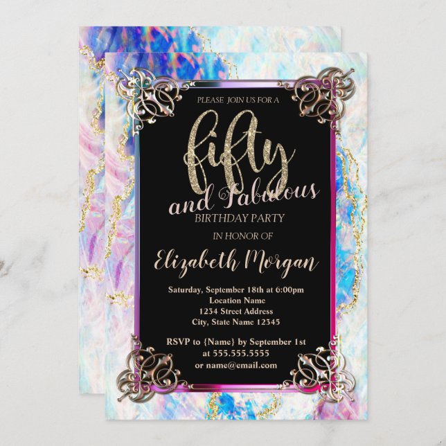 Holographic Opal,Border 50th Birthday  Invitation (Front/Back)