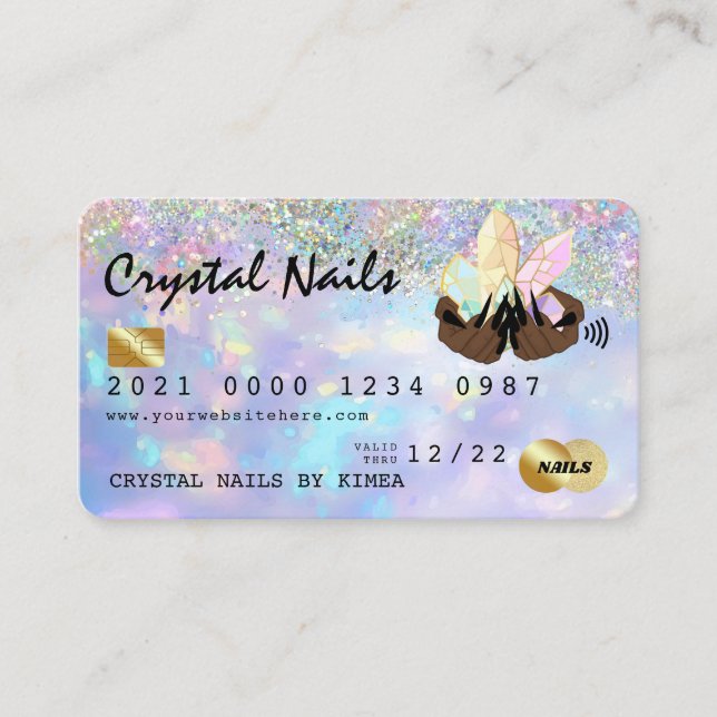 Holographic Opal Crystal Nail Tech Credit Card (Front)