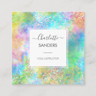 Holographic opal gemstone gold glitter square business card
