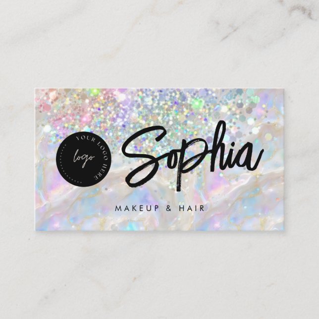 Holographic Opal Glitter QR Code Logo Shiny Beauty Business Card (Front)