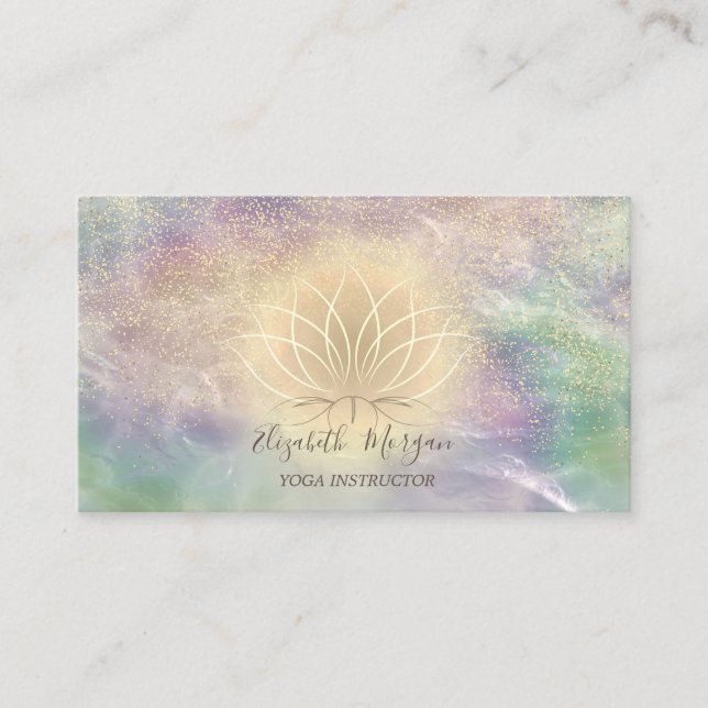 Holographic Opal Gold Lotus Confetti Yoga I Business Card (Front)