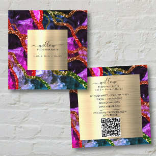 Holographic Opal Purple Geode Agate QR Code Square Business Card