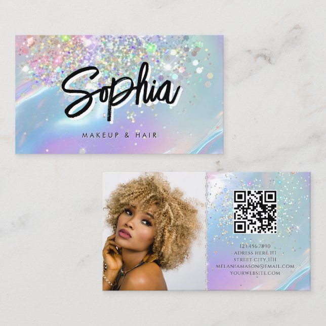 Holographic Opal QR Code Logo Shiny Beauty Business Card (Front/Back)