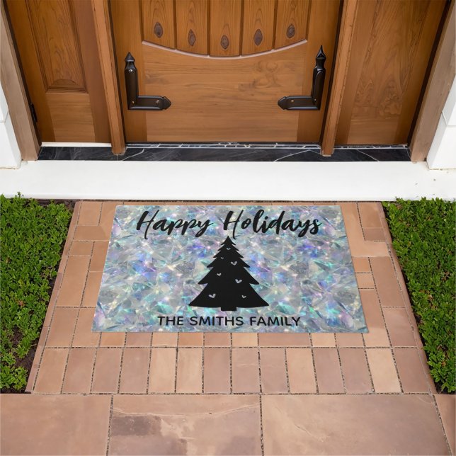 Holographic Opal Stone Background Happy Holidays Doormat (Outdoor)
