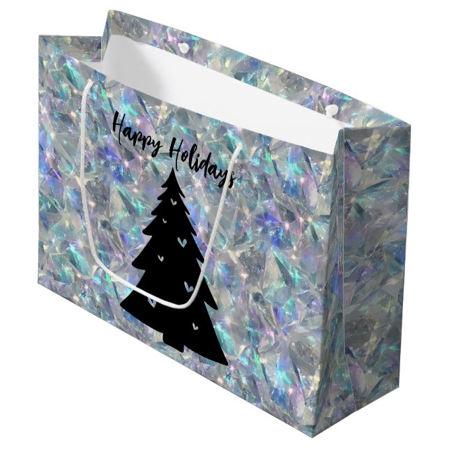 Holographic Opal Stone Background Happy Holidays Large Gift Bag (Front Angled)