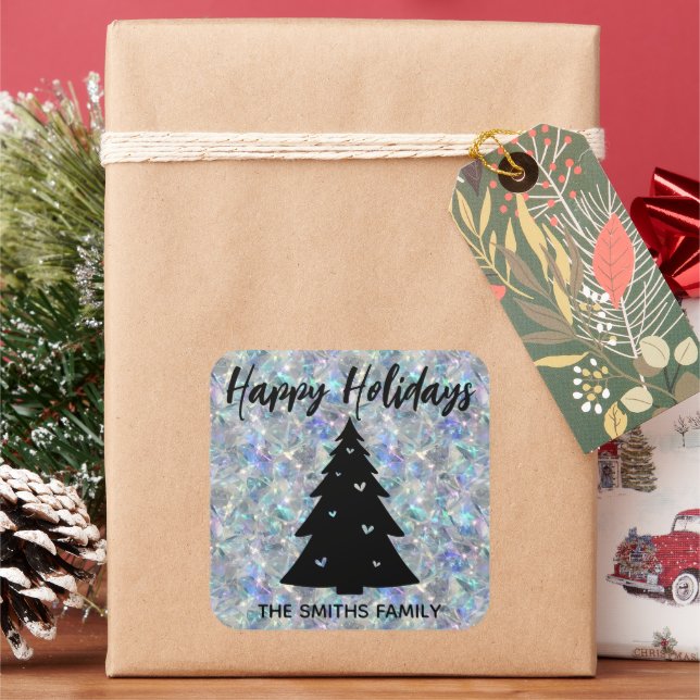 Holographic Opal Stone Background Happy Holidays Square Sticker (Holiday)