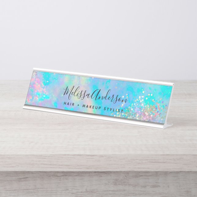 Holographic Opal Stone Glitter Calligraphy Desk Name Plate (Front)