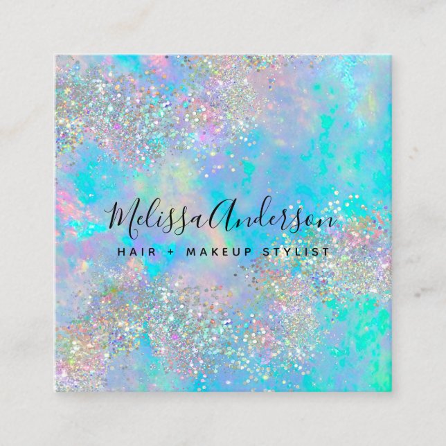 Holographic Opal Stone Glitter Square Business Card (Front)