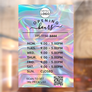 Holographic opening hours logo and qr code window cling