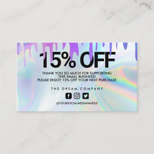 Holographic Paint Drip Trendy Discount Thank You Business Card (Front)