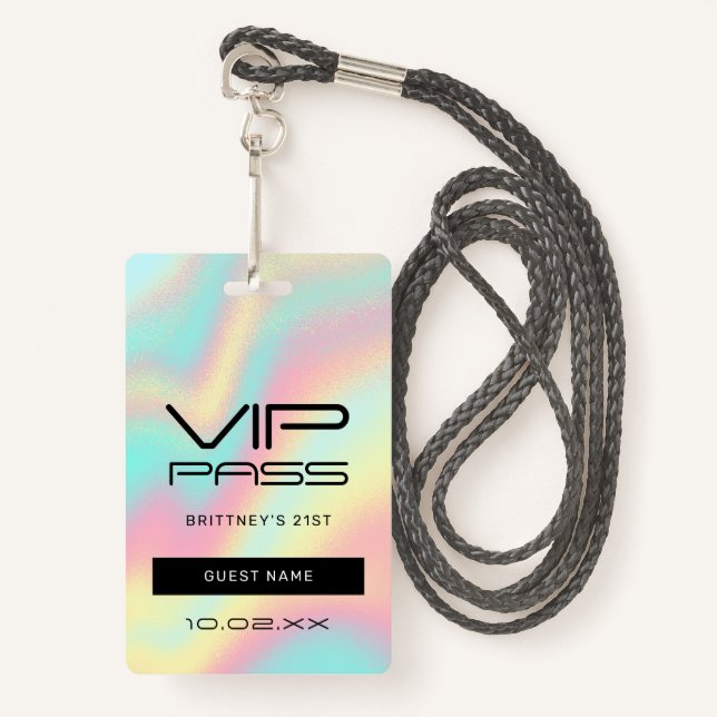 Holographic Pastel Glam 21st Invitation VIP ID Badge (Front with Lanyard)