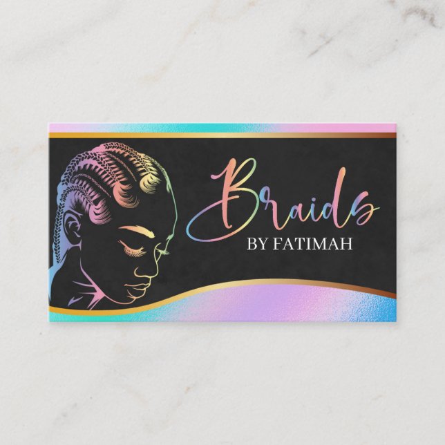 Holographic Pastel Modern Hair Braiding Salon Business Card (Front)