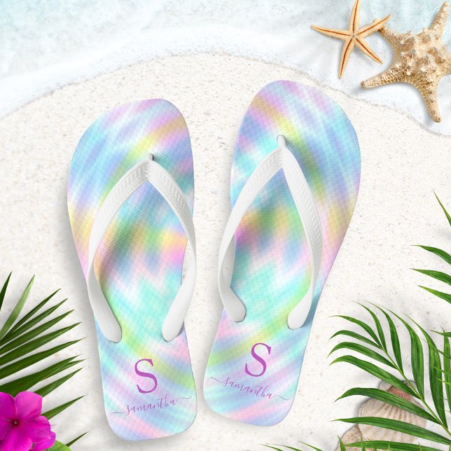 Holographic Pastel Rainbow Monogrammed Summer Flip Flops (Creator Uploaded)