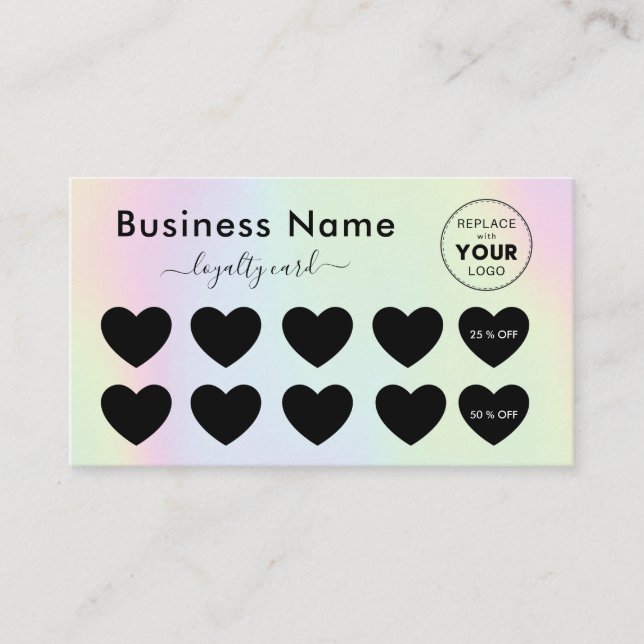 Holographic Pastel Unicorn Heart Discount Add Logo Loyalty Card (Front)