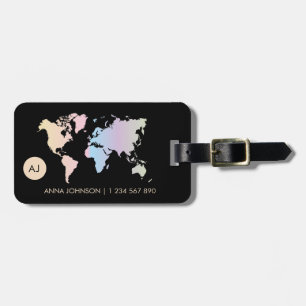 Holographic Pastel World Map Travel Monogram Name Luggage Tag