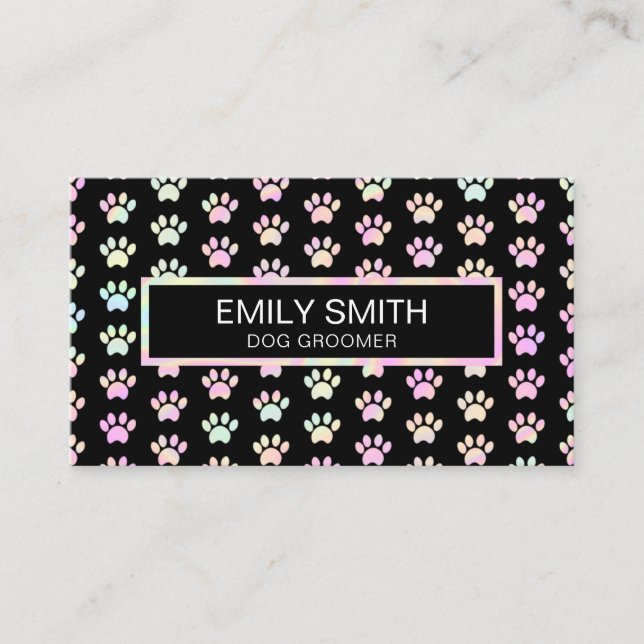 Holographic Paw Print Pet Groomer Business Card (Front)