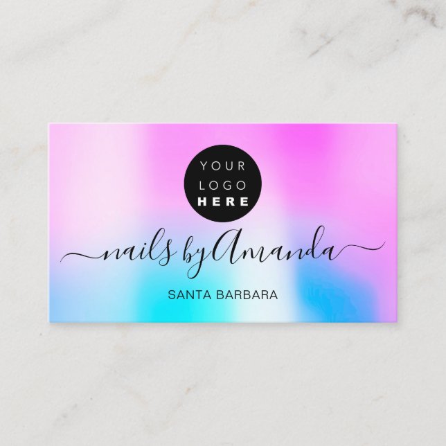 Holographic Pearly Pink Logo Nail Artist Makeup Business Card (Front)