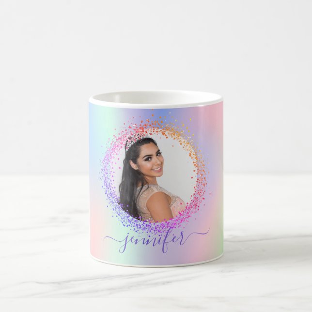 Holographic photo pink purple name script coffee mug (Center)
